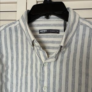 Koton Men's Gray and White Striped Casual slim long sleeve button up Shirt (M)